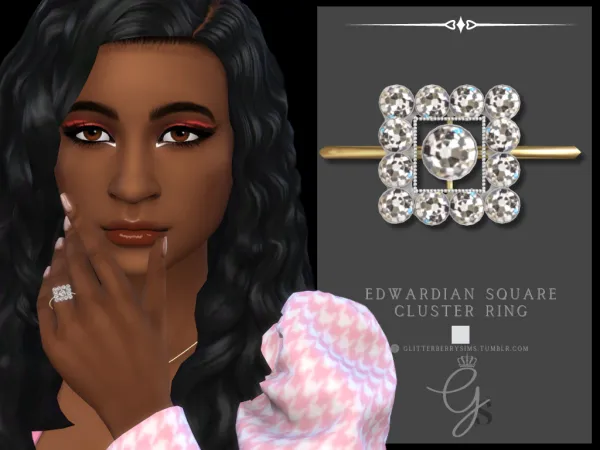 Mix Edwardian Square Cluster Ring by Glitterberry Sims - The Sims 4 Custom Content