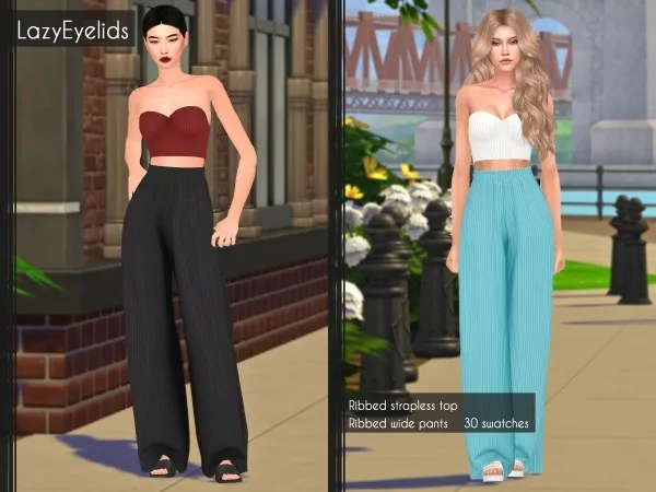 Alpha Ribbed strapless top ribbed wide pants by lazyeyelids - The Sims 4 Custom Content