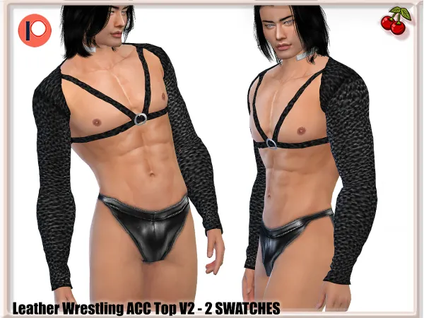 Alpha MEN Leather Wrestling ACC Top Set (2 version top Metallic Collar G String) by Harmonia's Secret - The Sims 4 Custom Content
