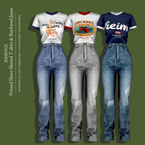 Alpha Printed Short Sleeved T shirt Boyfriend Jeans by simsfinds - The Sims 4 Custom Content