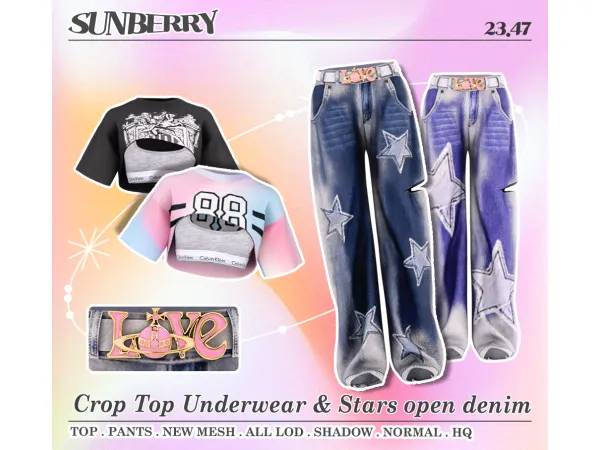 Alpha [SUNBERRY]Crop Top Underwear Stars open denim 2347(Early access) by SUNBERRY - The Sims 4 Custom Content