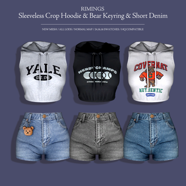 Alpha [RIMINGS] Sleeveless Crop Hoodie Bear Keyring Short Denim by simsfinds - The Sims 4 Custom Content