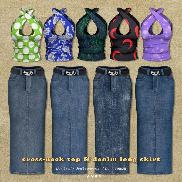 Alpha cross neck top denim long skirt by simsfinds - The Sims 4 Custom Content