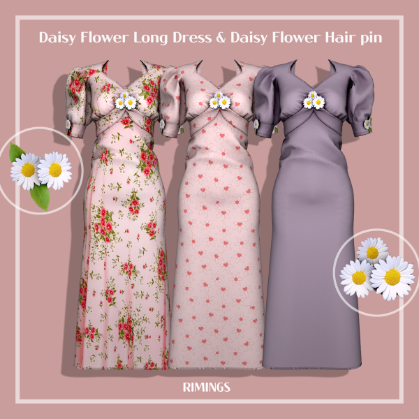Alpha [RIMINGS] Daisy Flower Long Dress Daisy Flower Hair pin by simsfinds - The Sims 4 Custom Content