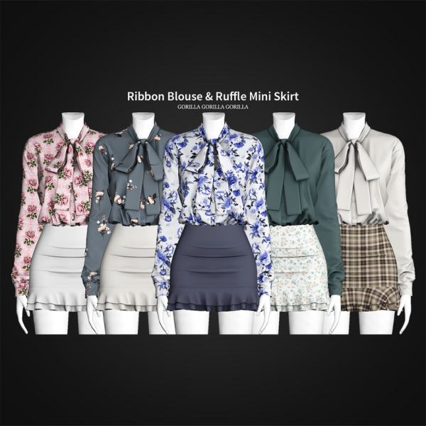Alpha Ribbon Blouse Ruffle Mini Skirt by simsfinds - The Sims 4 Custom Content