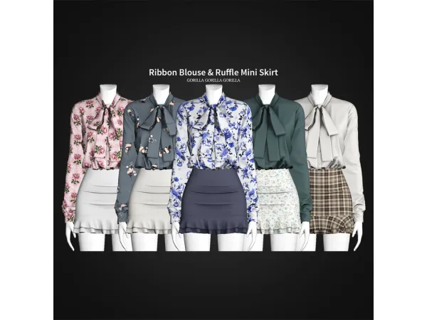Alpha Ribbon Blouse Ruffle Mini Skirt by Gorilla Gorilla Gorilla - The Sims 4 Custom Content