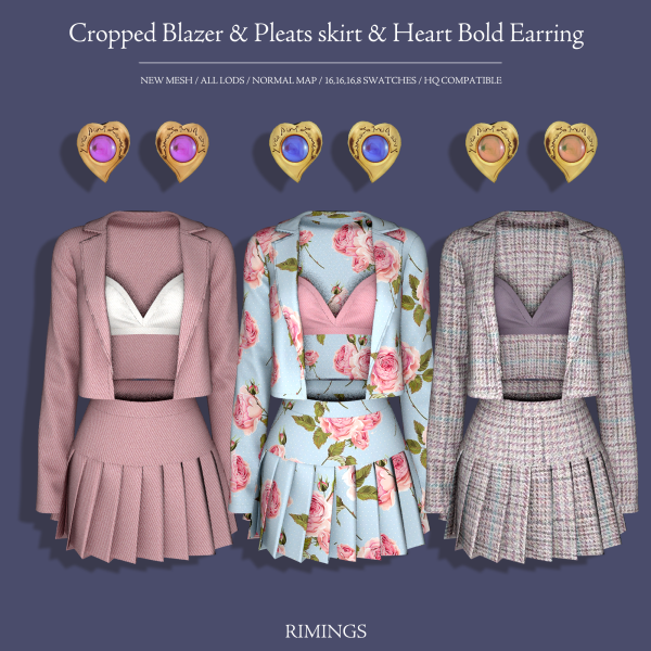 Alpha [RIMINGS] Cropped Blazer Pleats skirt Heart Bold Earring by simsfinds - The Sims 4 Custom Content
