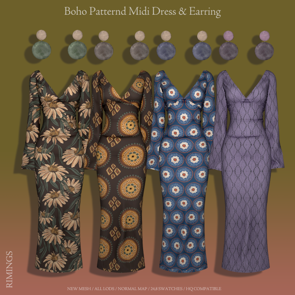 Alpha [RIMINGS] Boho Patternd Midi Dress Earring by simsfinds - The Sims 4 Custom Content