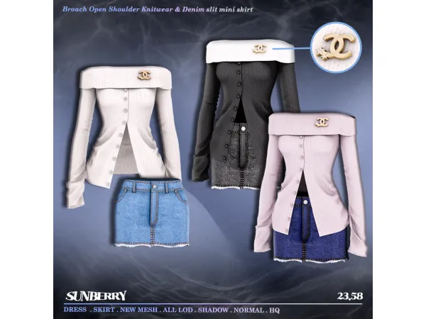 [SUNBERRY]Open Shoulder Knitwear & Denim kirt 23.58(Early access) by SUNBERRY
