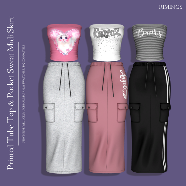 Alpha [RIMINGS] Printed Tube Top Pocket Sweat Midi Skirt by simsfinds - The Sims 4 Custom Content