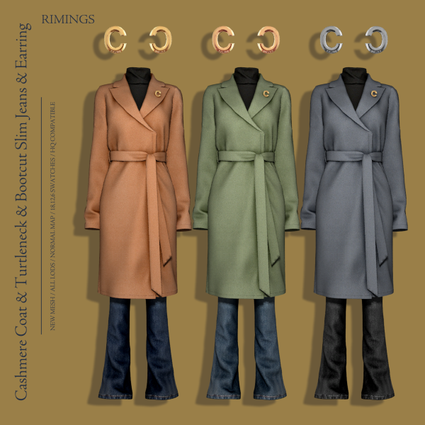 Alpha [RIMINGS] Cashmere Coat Turtleneck Bootcut Slim Jeans Earring by simsfinds - The Sims 4 Custom Content