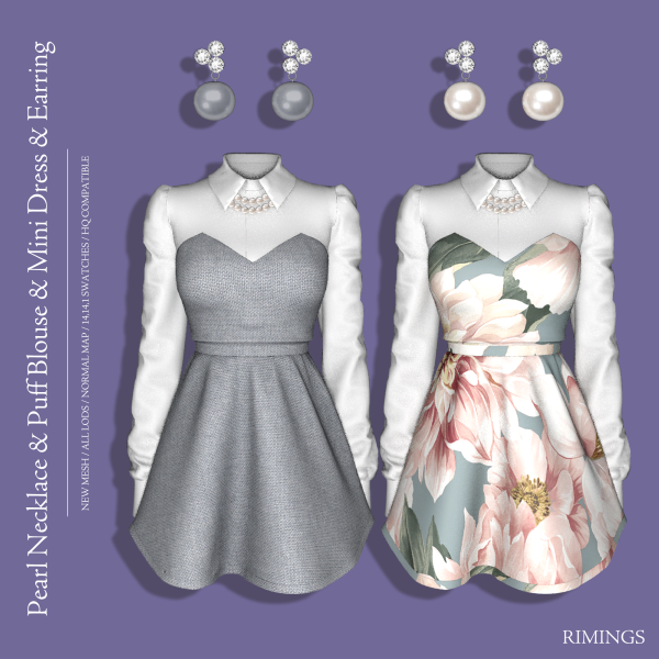 Alpha [RIMINGS] Pearl Necklace Puff Blouse Mini Dress Earring by simsfinds - The Sims 4 Custom Content