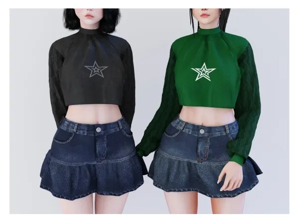 Alpha Eyestar denim skirt X Star cropped sweater by babyetears - The Sims 4 Custom Content
