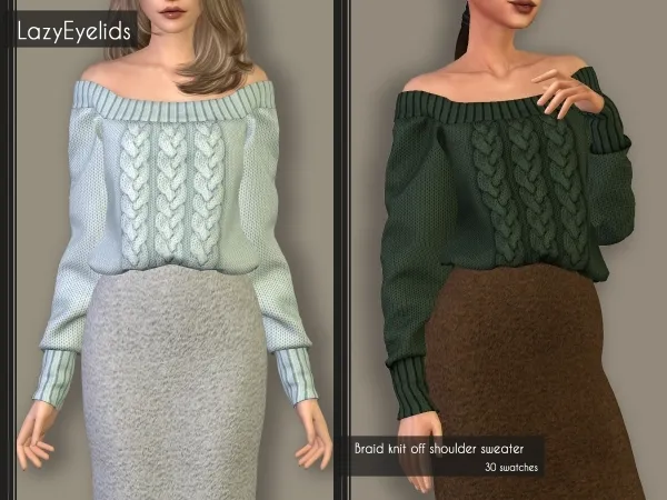 Alpha Braid knit offshoulder sweater by lazyeyelids - The Sims 4 Custom Content