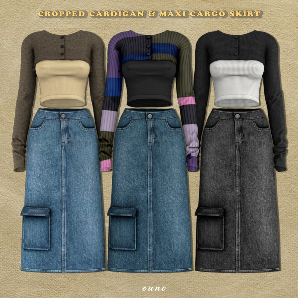 Alpha CROPPED CARDIGAN MAXI CARGO SKIRT by simsfinds - The Sims 4 Custom Content