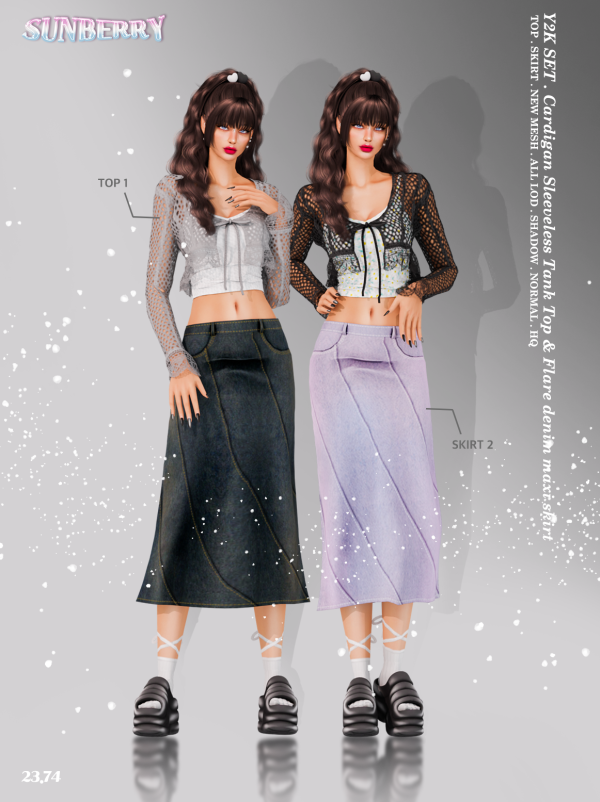 Alpha [SUNBERRY] Y2K SET Cardigan denim skirt by simsfinds - The Sims 4 Custom Content
