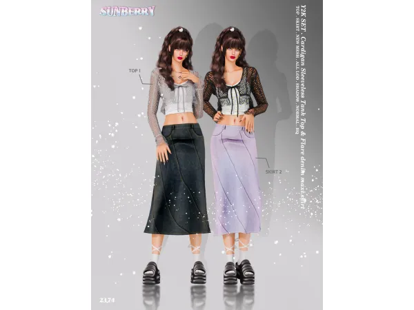 Alpha [SUNBERRY] Y2K SET Cardigan denim skirt - The Sims 4 Custom Content