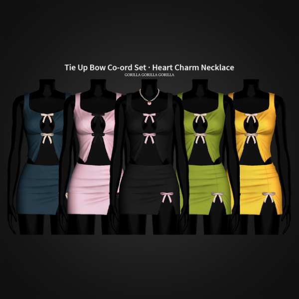 Alpha Tie Up Bow Co ord Set Heart Charm Necklace by simsfinds - The Sims 4 Custom Content