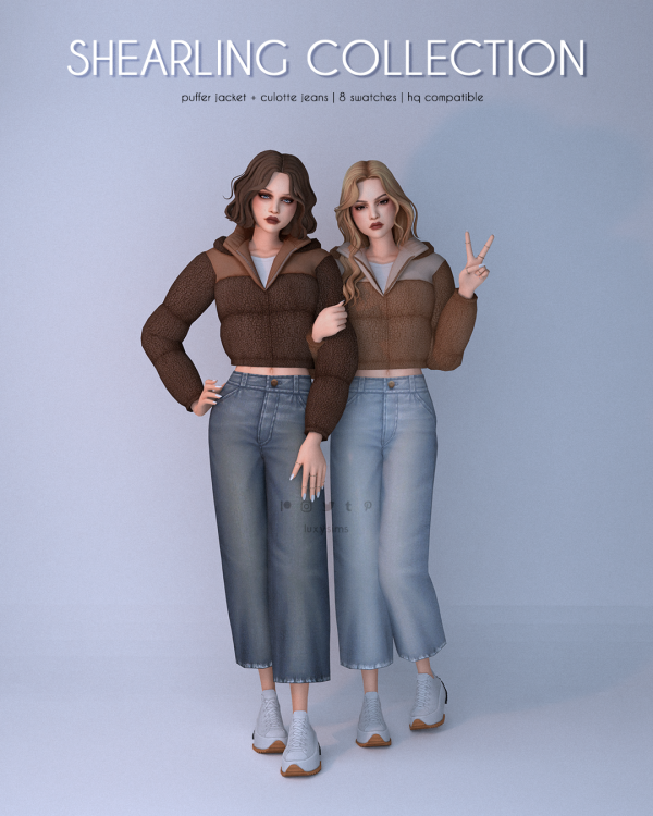 Alpha Puffer Jacket Cullote Jeans Shearling Collection by luxysims - The Sims 4 Custom Content