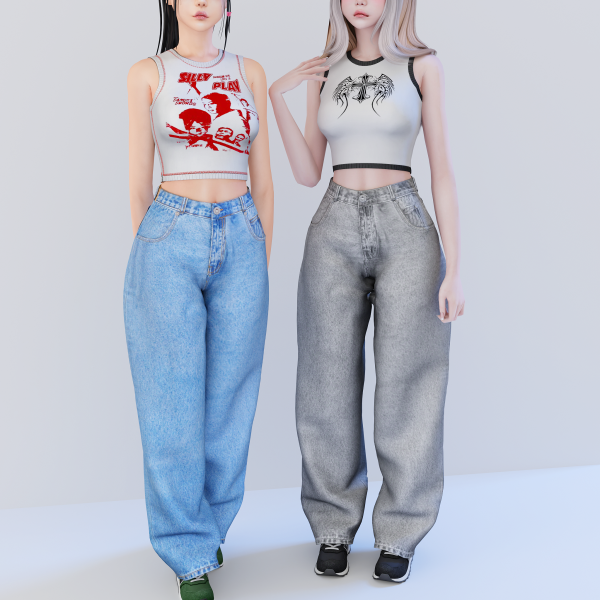 Alpha Baggy jeans Kitty tank top by babyetears - The Sims 4 Custom Content