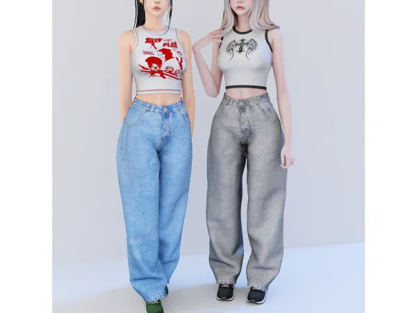 Alpha Baggy jeans Kitty tank top by babyetears - The Sims 4 Custom Content