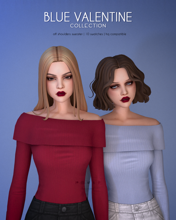 Mix Off Shoulders Sweater Blue Valentine Collection by luxysims - The Sims 4 Custom Content