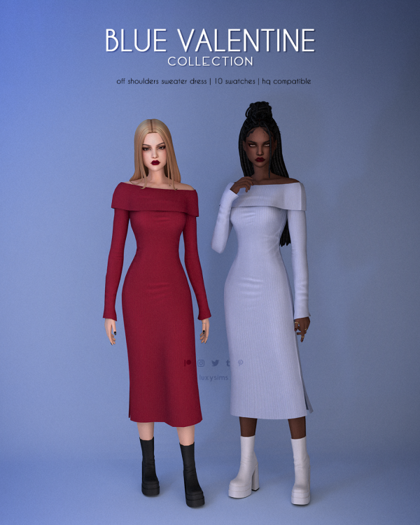 Maxis Match Off Shoulders Sweater Dress Blue Valentine Collection by luxysims - The Sims 4 Custom Content