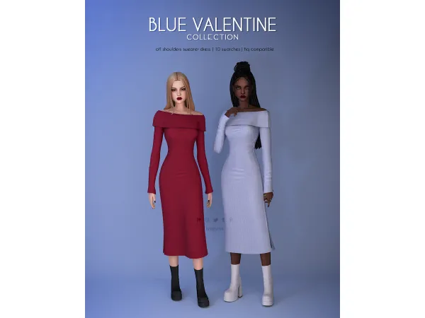 Maxis Match Off Shoulders Sweater Dress Blue Valentine Collection - The Sims 4 Custom Content