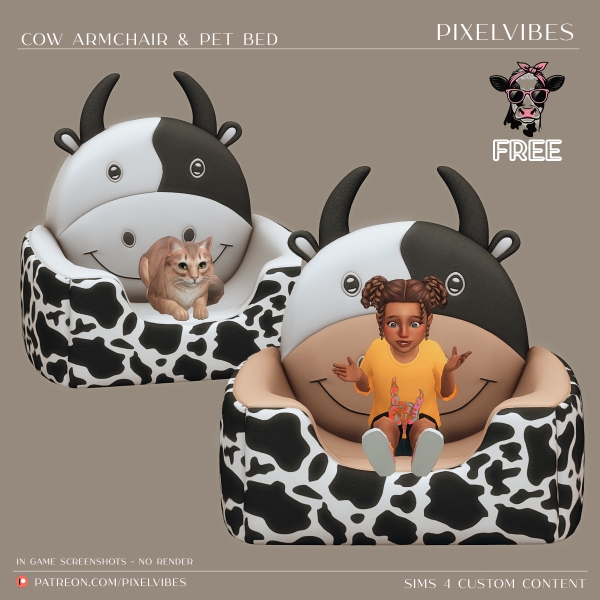 Maxis Match Cow Armcair and Pet Bed by pixelvibes - The Sims 4 Custom Content