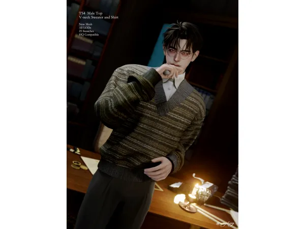 Alpha male V neck Sweater and Shirt by saengchung - The Sims 4 Custom Content
