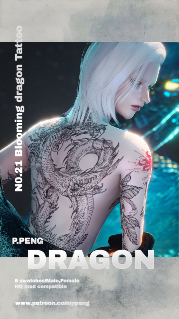 Mix [SIMS4TS4]PPENG Tattoo N021 Blooming dragon Tattoo HQ by simsfinds - The Sims 4 Custom Content