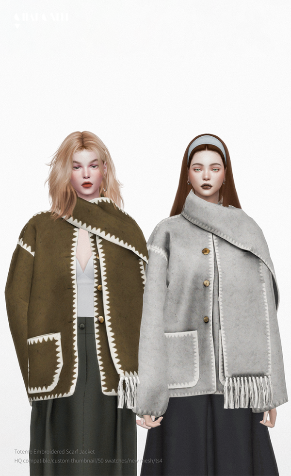 Alpha Toteme Embroidered Scarf Jacket by simsfinds - The Sims 4 Custom Content