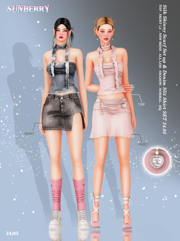 SUNBERRY]Silk Skinny Scarf Set up & Denim Slit Skirt SET - The Sims 4  Download 