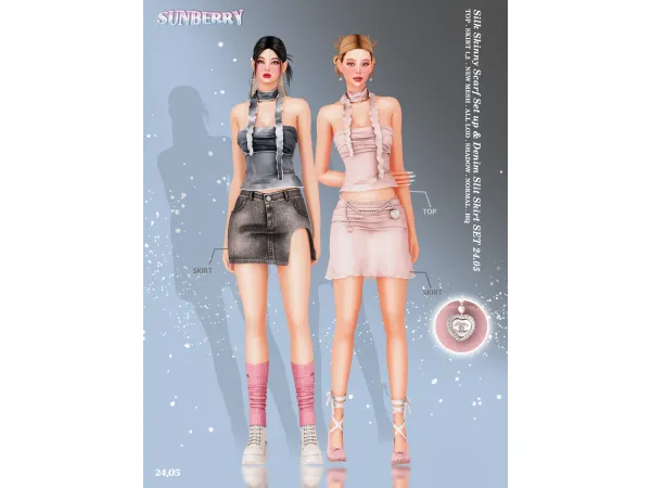Alpha [SUNBERRY]Silk Skinny Scarf Set up Denim Slit Skirt SET - The Sims 4 Custom Content