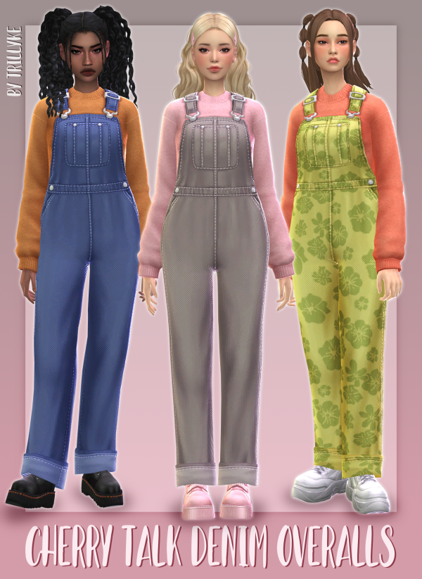 Maxis Match Cherry Talk Denim Overalls by simsfinds - The Sims 4 Custom Content
