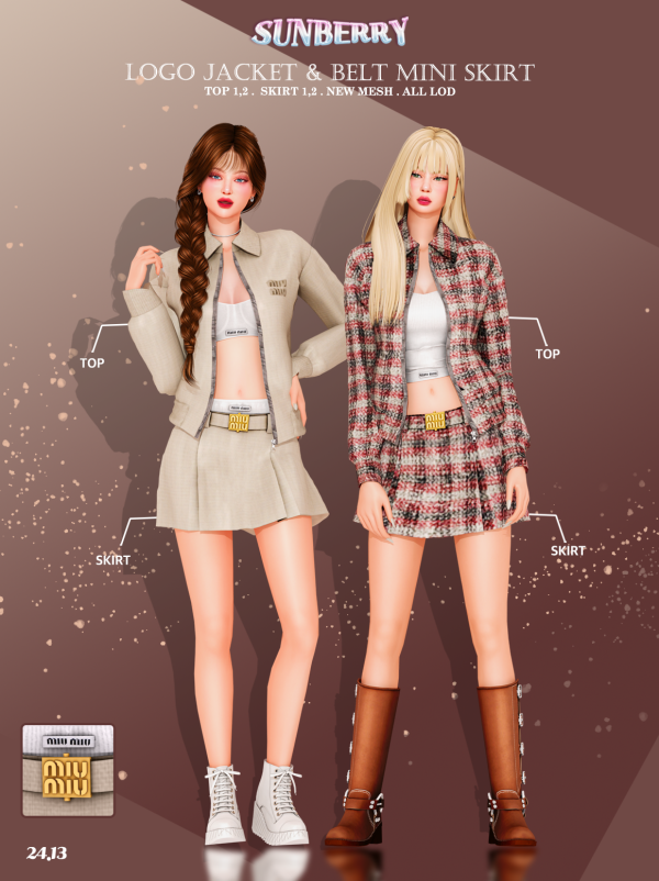Alpha [SUNBERRY] SET_Logo Jacket Belt Mini Skirt 2413 by simsfinds - The Sims 4 Custom Content