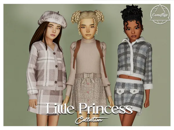 Alpha Little Princess Child Collection (6 items) 3 Outfits Backpack Beret Earrings by simsfinds - The Sims 4 Custom Content