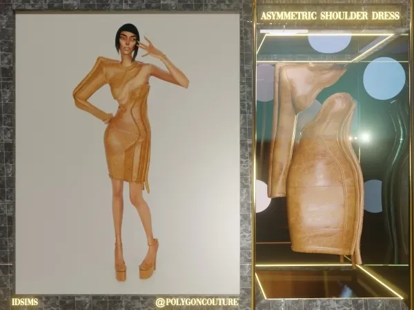 Mix Asymmetric shoulder Leather Dress by polygoncouture - The Sims 4 Custom Content