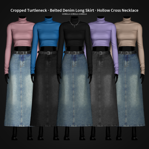 Alpha Cropped Turtleneck Belted Denim Long Skirt Hollow Cross Necklace by simsfinds - The Sims 4 Custom Content
