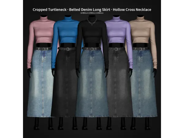Alpha Cropped Turtleneck Belted Denim Long Skirt Hollow Cross Necklace - The Sims 4 Custom Content