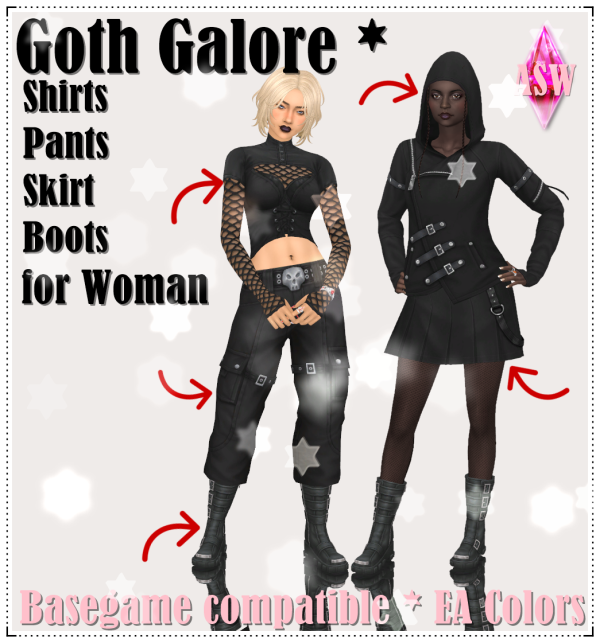 Maxis Match Goth Galore Shirts Pants Skirt Boots for Woman by simsfinds - The Sims 4 Custom Content