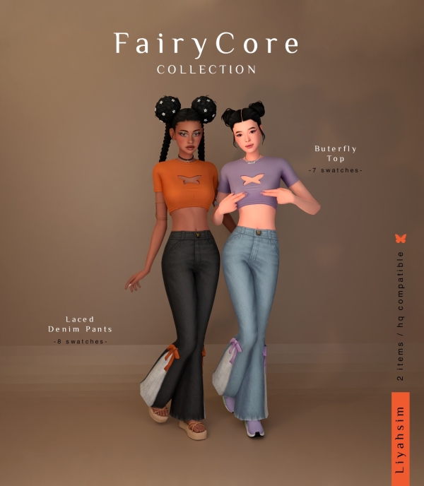 Maxis Match [FairyCore Collection] Buterfly Top and Laced Denim Pants by luxysims - The Sims 4 Custom Content