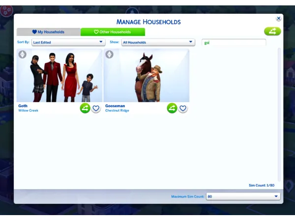 Maxis Match Searchable Household Management v10 by simsfinds - The Sims 4 Custom Content