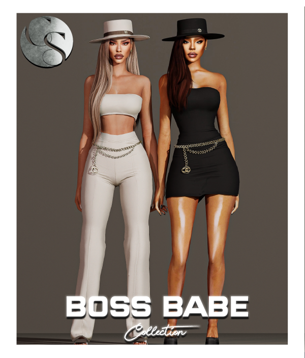 Alpha DESIGNER Boss Babe Collection (Dress 2 Piece Outfit Earrings Hat ALL IN ONE) FG FP by simsfinds - The Sims 4 Custom Content