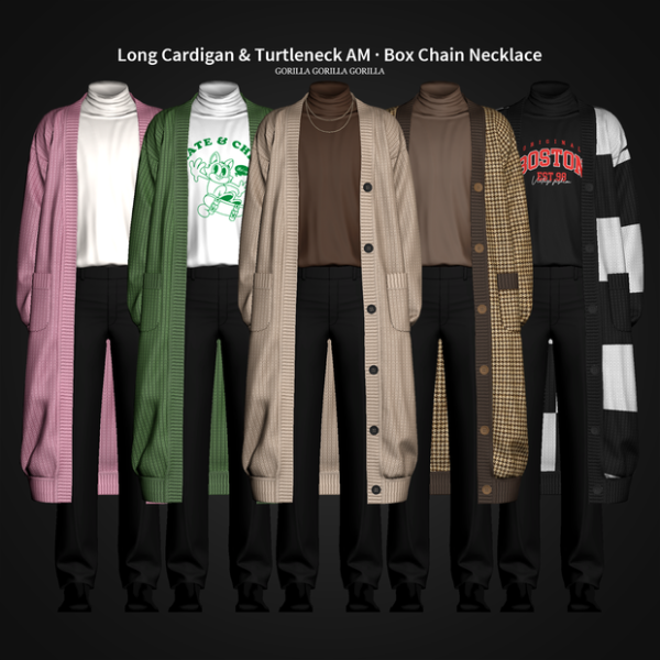 Mix Long Cardigan Turtleneck AM Box Chain Necklace AM by simsfinds - The Sims 4 Custom Content