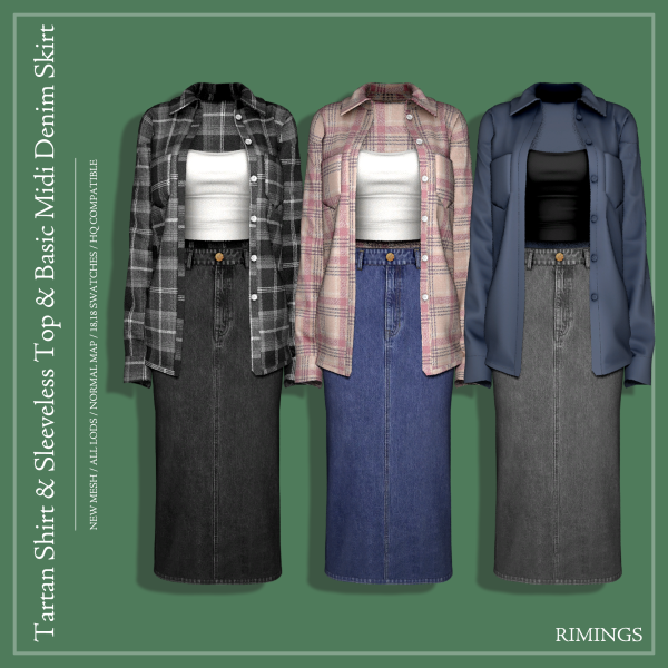 Alpha [RIMINGS] Tartan Shirt Sleeveless Top Basic Midi Denim Skirt by simsfinds - The Sims 4 Custom Content