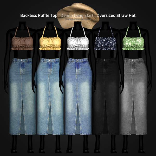 Alpha Backless Ruffle Top Denim Long Skirt Oversized Straw Hat by simsfinds - The Sims 4 Custom Content