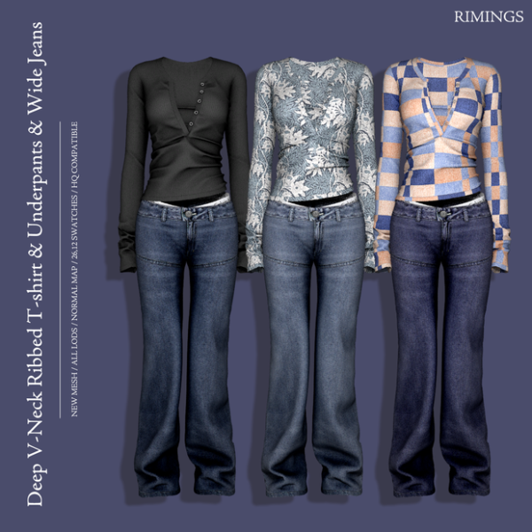 Alpha [RIMINGS] Deep V Neck Ribbed T shirt Underpants Wide Jeans by simsfinds - The Sims 4 Custom Content