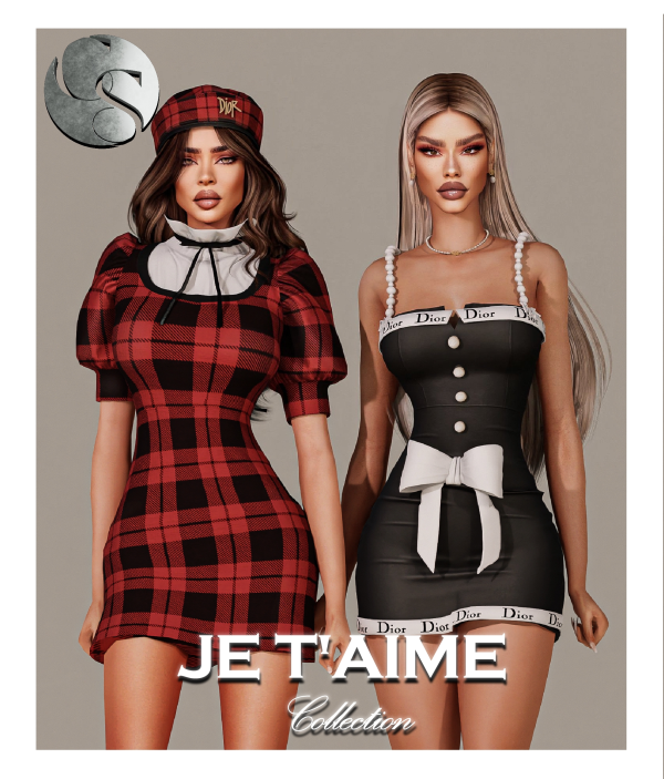 Alpha CAMUFLAJE DESIGNER JE T'AIME Collection (Tartan Dress Beret Short Dress Necklace Earrings ALL IN ONE) FG FP by simsfinds - The Sims 4 Custom Content