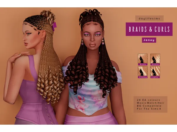 Maxis Match BRAIDS CURLS Janey (3 versions) by daylifesims - The Sims 4 Custom Content